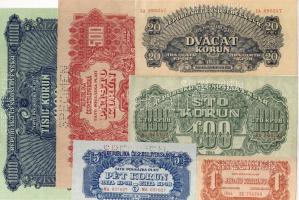 Csehszlovákia 1944. "V.H." 1,5,20,100,500,1000K "Specimen" lyukasztással T:I