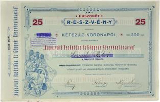 1923. "Kaposvári Vasöntöde és Gépgyár Részvénytársaság" részvénye 25x200 Koronáról, szelvényekkel T:II-,III Hungary 1923. "Foundry and Machine of Kaposvar Ltd." stock in 25x200 Korona value with coupons C:VF,F