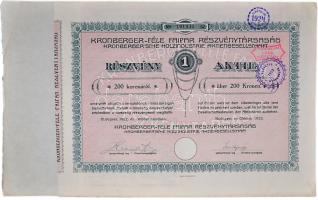 1922. "Kronberger-féle Faipar Részvénytársaság" részvény 100 Koronáról, szelvényekkel T:I-,II Hungary 1922. "Kronbergers Wood Industry Ltd." stock in 100 Korona value with coupons C:AU,XF