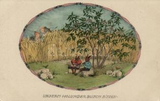 Unterm Holunderbusch sitzen..., M. Munk Wien Nr. 1144, litho s: Mela Koehler