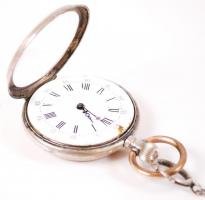 1893-1934 Antik, svájci, ezüst (Ag) tokos, kulcsos zsebóra porcelán számlappal, kulccsal, 800-as tis...