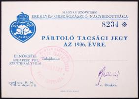 1936 Magyar Szövetség Ereklyés Országzászló Nagybizottsága pártoló tagsági jegy, kitöltetlen, hátold...