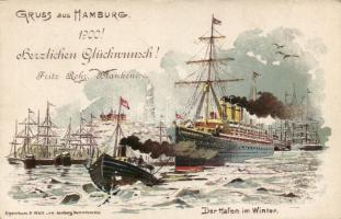 Hamburg port, SS Normannia, glittering litho card