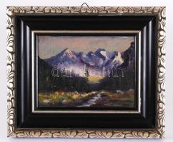 Katona Nándor jelzéssel: Alpesi táj. Olaj, farost, keretben 28×34 cm