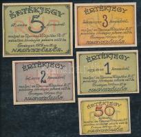 Nagyszőllős 1919. "Ugocsai Világítási Rt." értékjegy 50f, 1K, 2K, 3K, 5K (5db) borítékban T:I