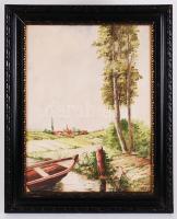 Olvashatatlan jelzéssel: Csónak a fánál. Akvarell, papír, üvegezett keretben 38×30 cm