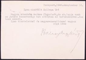 1940 Halasy-Nagy József (1885-1976) filozófus aláírása a M. Kir. Erzsébet-Tudományegyetem Filozófiai Intézete fejléces levelezőlapon