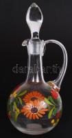 Népi virágmotívumokkal díszített, kézzel festett üvegkancsó dugóval / Folkloristic hand painted glass jug with glass cork, 32cm