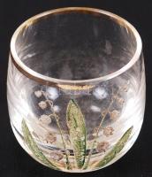 Gyöngyvirággal díszített, kézzel festett, aranyozott üvegpohárka / 
Hand painted gold plated glass, ...