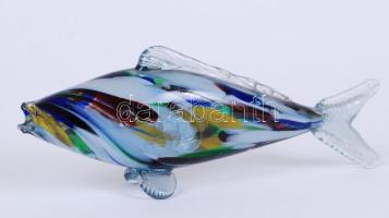 Hal formájú, irizáló szakítottüveg dísz (szájánál apró lepattogzás) /  Hand made glass decoration (with minor fault), 25x9cm