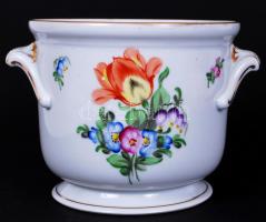 Virágokkal díszített, kézzel festett és aranyozott, jelzett Herendi kaspó / Handpainted Herend flower pot, 12x17cm