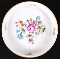 Virágokkal díszített, kézzel festett és aranyozott, jelzett Herendi tálka /  Handpainted Herendi plate, d: 11,5cm