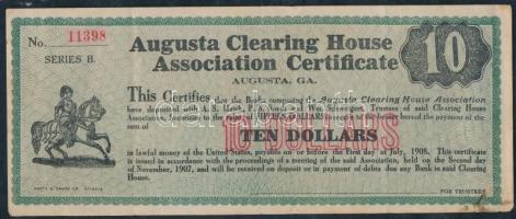 Amerikai Egyesült Államok 1907. "Augusta Clearing House Assotiation Certificate" részvénye 10 dollárrol T:III USA 1907. "Augusta Clearing House Association Certificate" stock in 10 Dollars value C:F