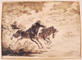 Benyovszky István (1898-1969): Vágtázó lovak. Rézkarc, papír, paszpartuban, 55x67cm