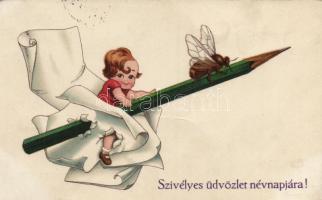 Child, pencil, fly, litho (fa)