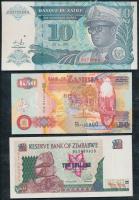 Zambia 2003. 50K + Zimbabwe 1997. 10D + Zaire 1993. 10Z T:I Zambia 2003. 50 Kwacha + Zimbabwe 1997. 10 Dollars + Zaire 1993. 10 Zaires C:Unc