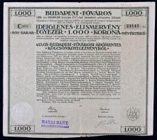 Budapest 1920. "4 1/2%-os Budapest-Fővárosi Adómentes Kölcsönkötelezvényről" kibocsátott r...