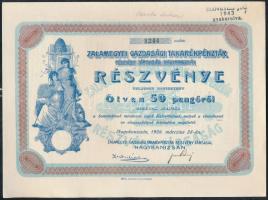 1926. "Zalamegyei Gazdasági Takarékpénztár Részvény Társaság Nagykanizsán Részvénye 50 pengőről" szelvényekkel T:II