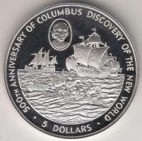 Kajmán-szigetek 1988. 5$ Ag "500 éve fedezte fel Kolumbusz Amerikát" T:PP Csak 10.000db! Cayman Islands 1988. 5 Dollars Ag "500th Anniversary of Columbus' Discovery of America" C:PP