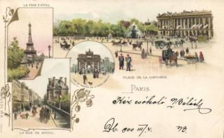 Paris Place de la Concorde, Rue de Rivoli, Eiffel Tower, litho