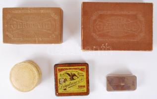 2db fém doboz (cigarettás) + 3db papír doboz (közte 2db Gerbaud, az egyik fedelén szakadás), különböző méretben