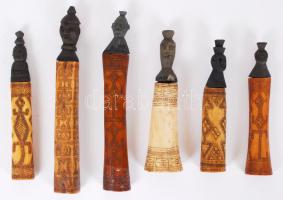 Indonéziából származó, 6db vésett csont amulett, fából faragott emberfejet ábrázoló dugóval, különböző méretű