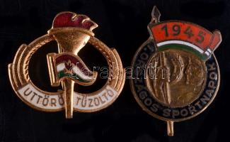 1945. "I. Országos Sportnapok" + ~1955. "Úttörő Tűzoltó" zománcozott jelvények T:2