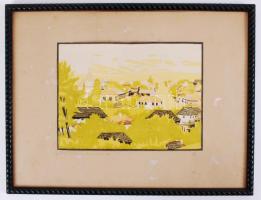 Tóth István (1892 - 1964): Málnás. Színezett linó, jelzett, üvegezett keretben, 14×20 cm