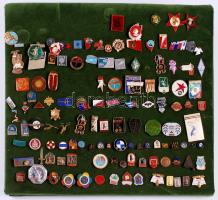 Több mint 110db különféle jelvény és kitűző, sok érdekes darabbal, magyar és külföldi egyaránt, bársony táblára tűzve T:vegyes