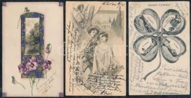 17 db régi, főként motívum lapok: művész, párok, virág motívum képeslapok, néhány városképes lap, kö...