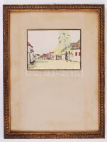 Tóth István (1892 - 1964): Főutca Málnáson. Színezett linó, jelzett, üvegezett keretben, 11×14 cm