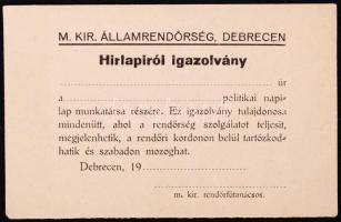 Hírlapírói igazolvány. M.Kir.Államrendőrség, Debrecen