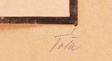 Tóth István (1892 - 1964): Csicsógombás. Színezett linó, jelzett, üvegezett keretben, 13×10 cm