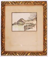 Tóth István (1892 - 1964): Vízimalom a Szamoson. Színezett linó, jelzett, üvegezett keretben, 10×14 cm