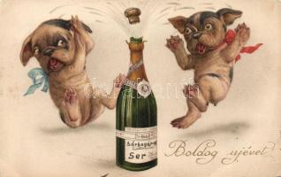 New Year, champagne, frightened dogs, litho (EK)
