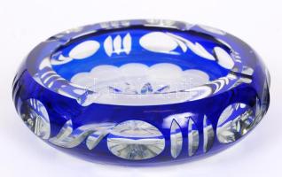 Ólomkristály kobalt kék hamutartó, csiszolt, metszett, hibátlan, d:16 cm