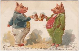 Pigs, beer litho (pinhole)