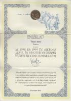 1998. "Az Árvíz és Belvízvédekezésért A Vízügyi Szolgálattól" fém emlékérem adományozói emléklapon T:1
