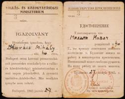 1945 Kétnyelvű Igazolvány a Vallás- és Közoktatásügyi Minisztérium által