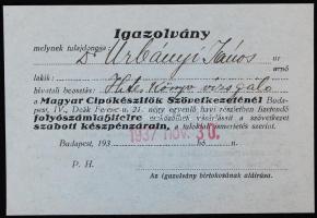 1937 a Magyar Cipőkészítők Szövetkezete által kiadott Igazolvány