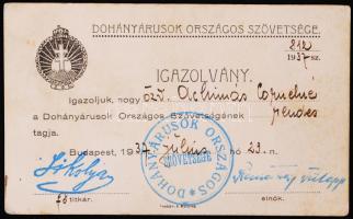 1937 a Dohányárusok Országos Szövetsége által kiadott Igazolvány
