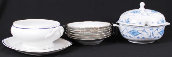 Porcelán tétel: 6db aranyozott szegélyű, jelzett kínai leveses tányér, Zsolnay leveses és húsos tál, és egy jelzett levesestál /  Porcelain lot