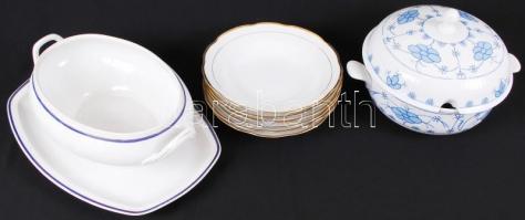 Porcelán tétel: 6db aranyozott szegélyű, jelzett kínai leveses tányér, Zsolnay leveses és húsos tál,...