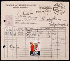 1941 Zwack J. és Társai Budapest fejléces számla, emlékbélyeggel, 17×19 cm