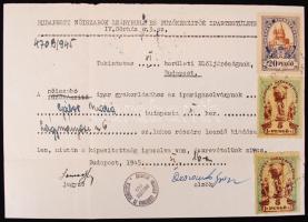 1945 női szabó Iparigazolvány kiadását kérő dokumentum, három illetékbélyeggel