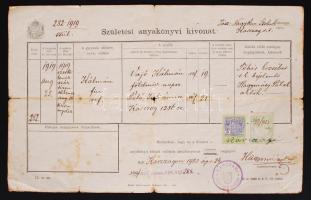 1923 Születési anyakönyvi kivonat, karcagi illetékbélyeggel