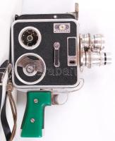 Meopta A8lla filmfelvevő kamera, felhúzhatós, három objektíves, eredeti bőr táskájában, 24×19 cm