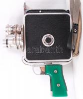 Meopta A8lla filmfelvevő kamera, felhúzhatós, három objektíves, eredeti bőr táskájában, 24×19 cm