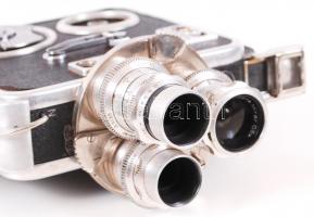 Meopta A8lla filmfelvevő kamera, felhúzhatós, három objektíves, eredeti bőr táskájában, 24×19 cm