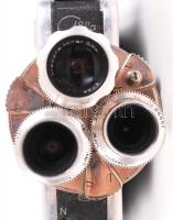 Meopta A8lla filmfelvevő kamera, felhúzhatós, három objektíves, eredeti bőr táskájában, 24×19 cm